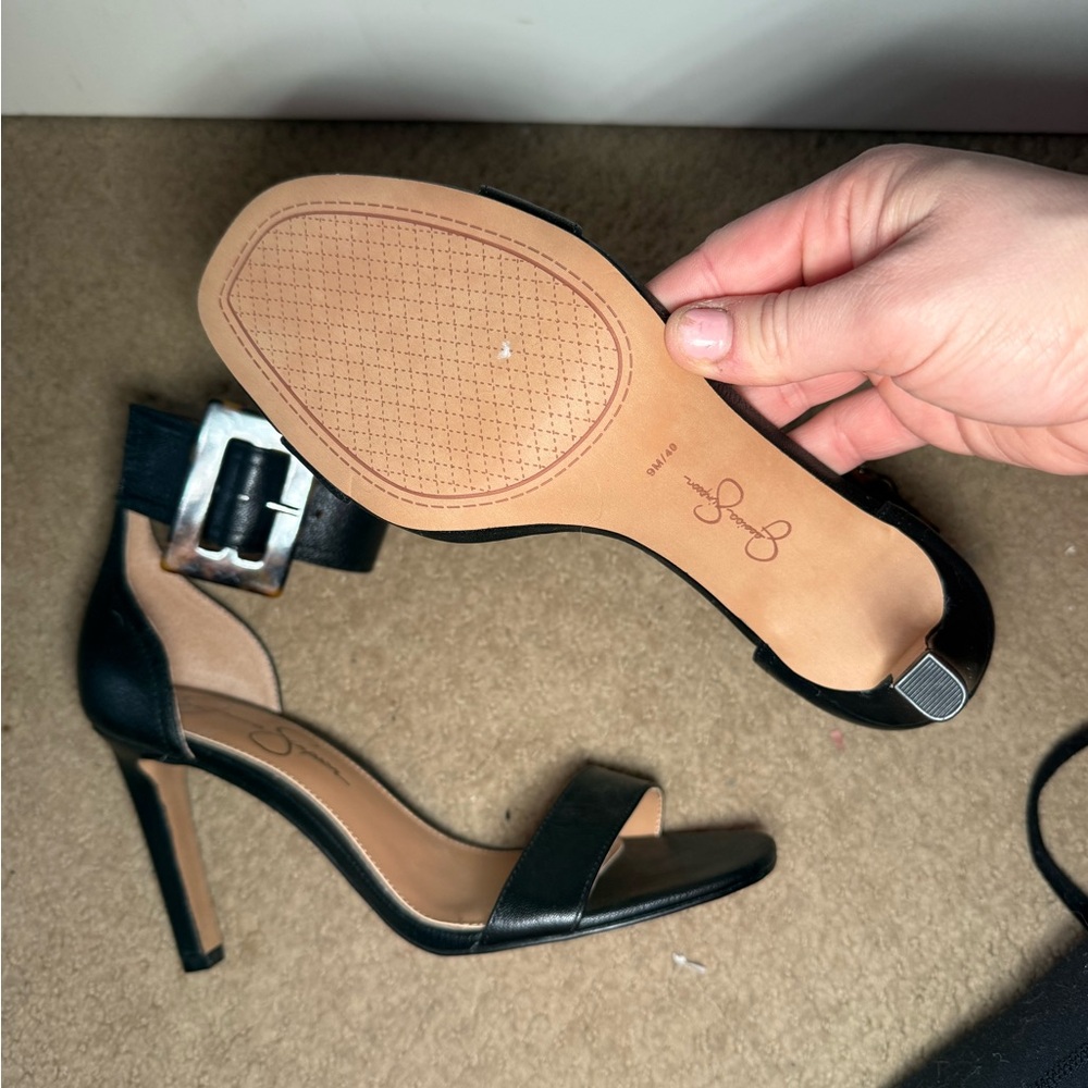 Jessica Simpson Black Heeled Sandals with Tortoise Buckle - Picture 3 of 3